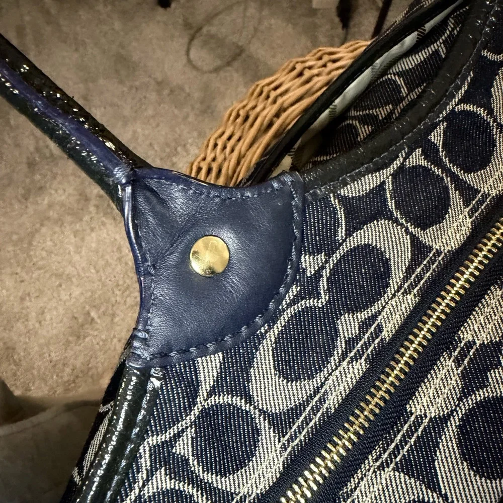 Coach Bleecker Signature Canvas Jacquard Tote Bag Navy Leather Trim Vintage Y2K - Picture 12 of 15